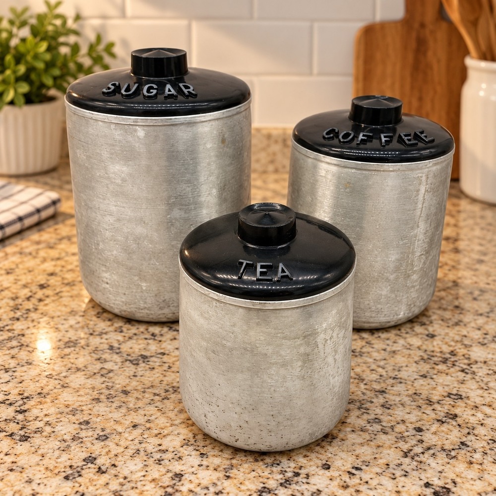 Kromex Aluminum Canisters Set Of 3 Coffee Sugar Tea Bakelite Lids Retro Atomic